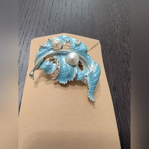 Blue And Silver Tone Leaf Brooch